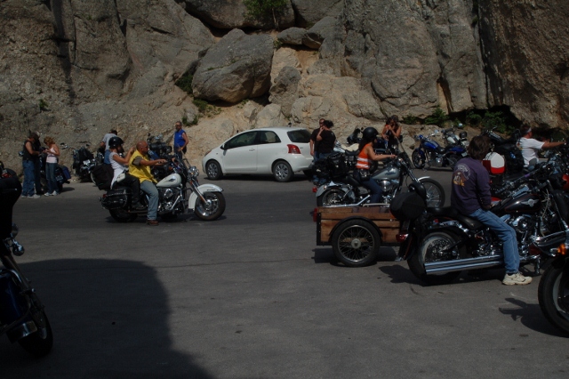 my car among the bikers on the Needles Highway